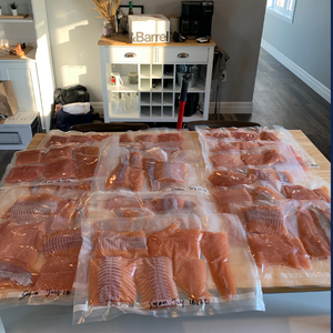 In a modern kitchen, many cuts of freshly caught salmon lay on a counter. The fish is sealed in vacuum-sealed packaging.