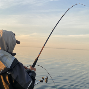 A person dressed in warm clothing casts a fishing line out onto a serene, flat lake. The sun sets on the horizon.
